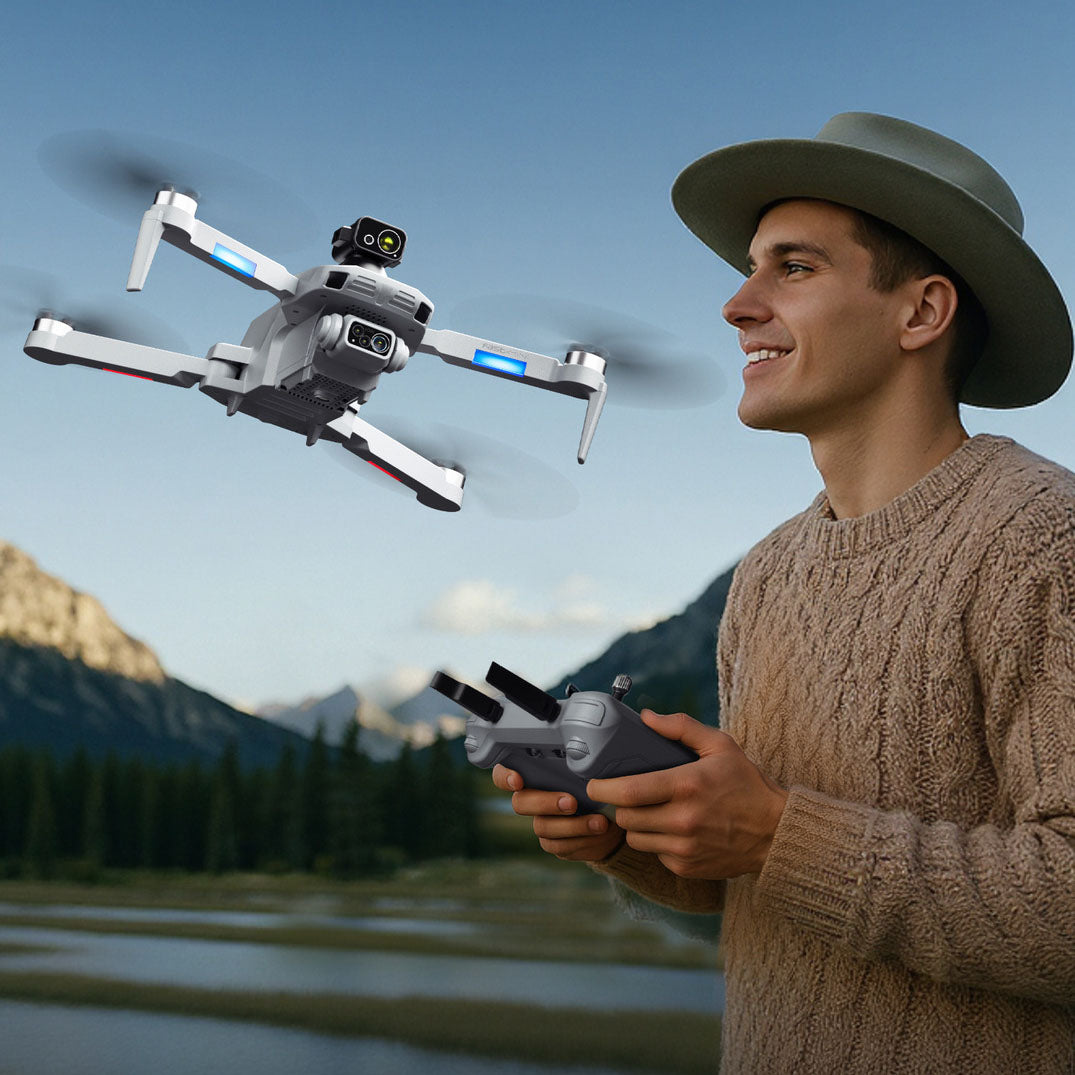 FPV drone have remote control with a screen and GPS positioning system