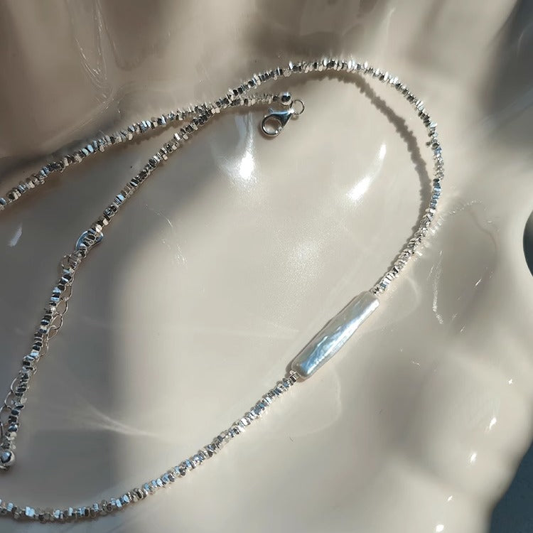 "The City of Aurora" natural small silver bar pearl S925 pure silver crushed silver necklace, French temperament clavicle chain.