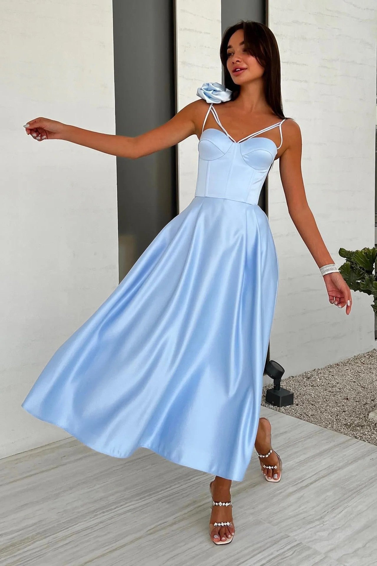 "BLUE SATIN" Blue Evening Gown,PROM,EMCEE